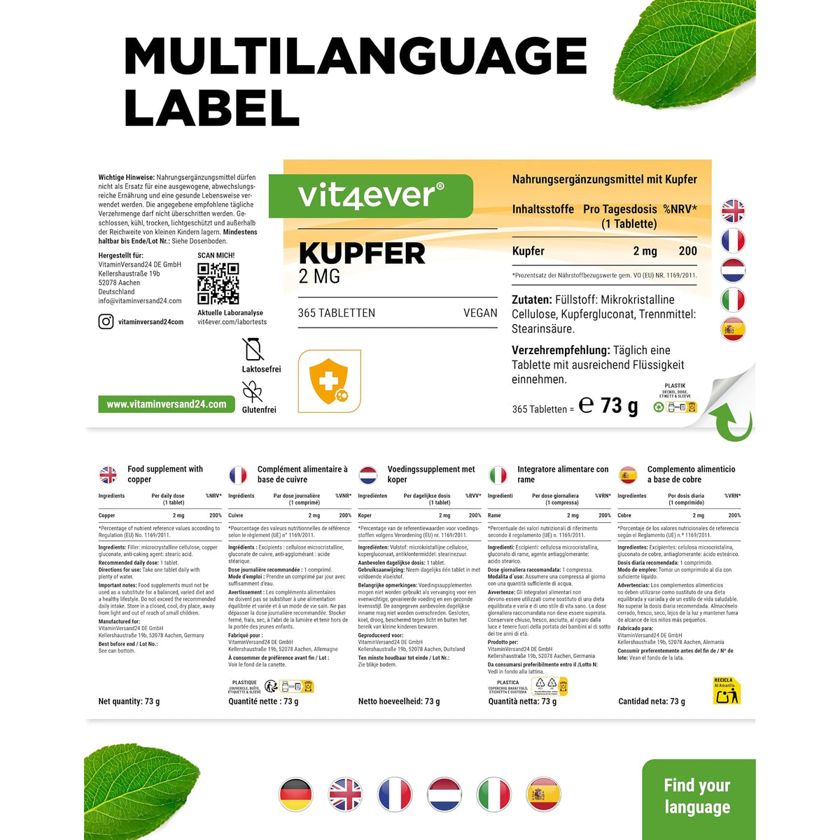 Vit4ever Kupfer (Kupfergluconat) 2 mg 365 Tabletten – Verpackung Rückseite