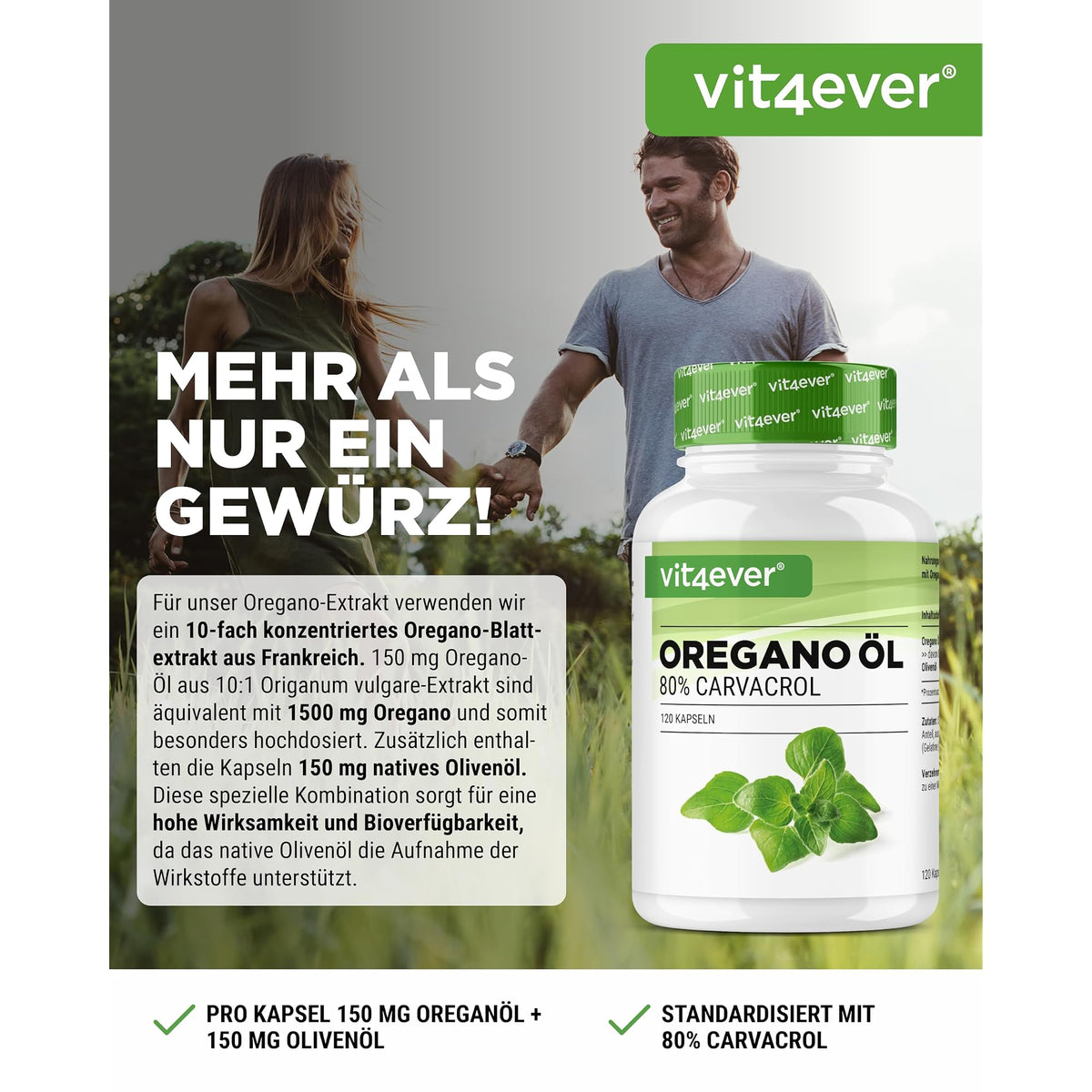 Vit4ever Oregano Öl 150 mg 80% Carvacrol 120 Kapseln – Etikett mit Inhaltsstoffen und Dosierung