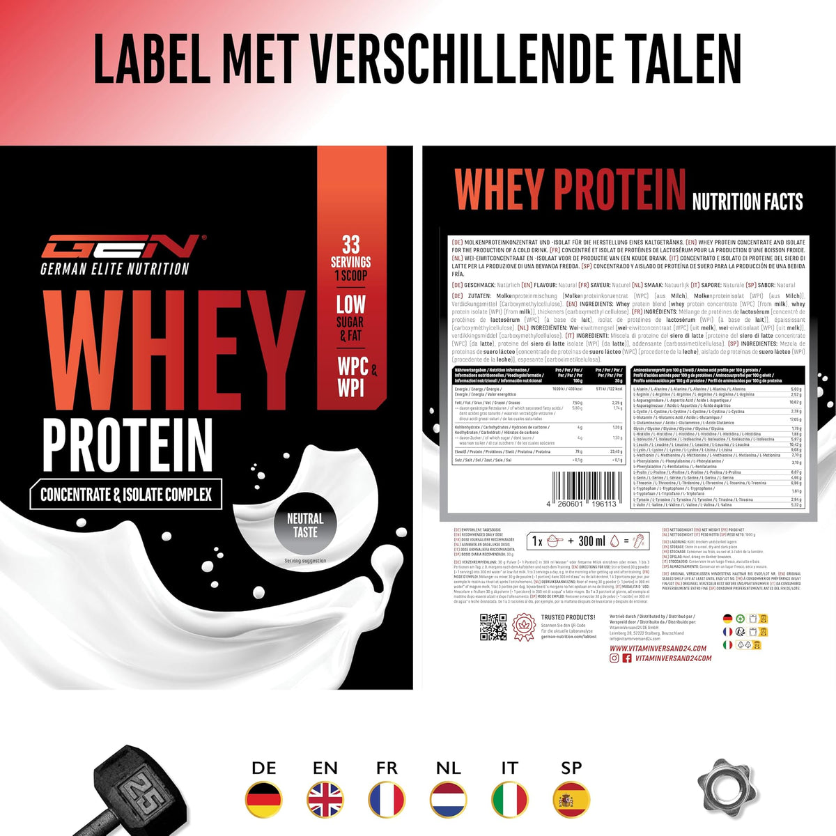 GEN Whey Protein Complex Neutraal 1 kg - etiket met voedingswaarden in verschillende talen