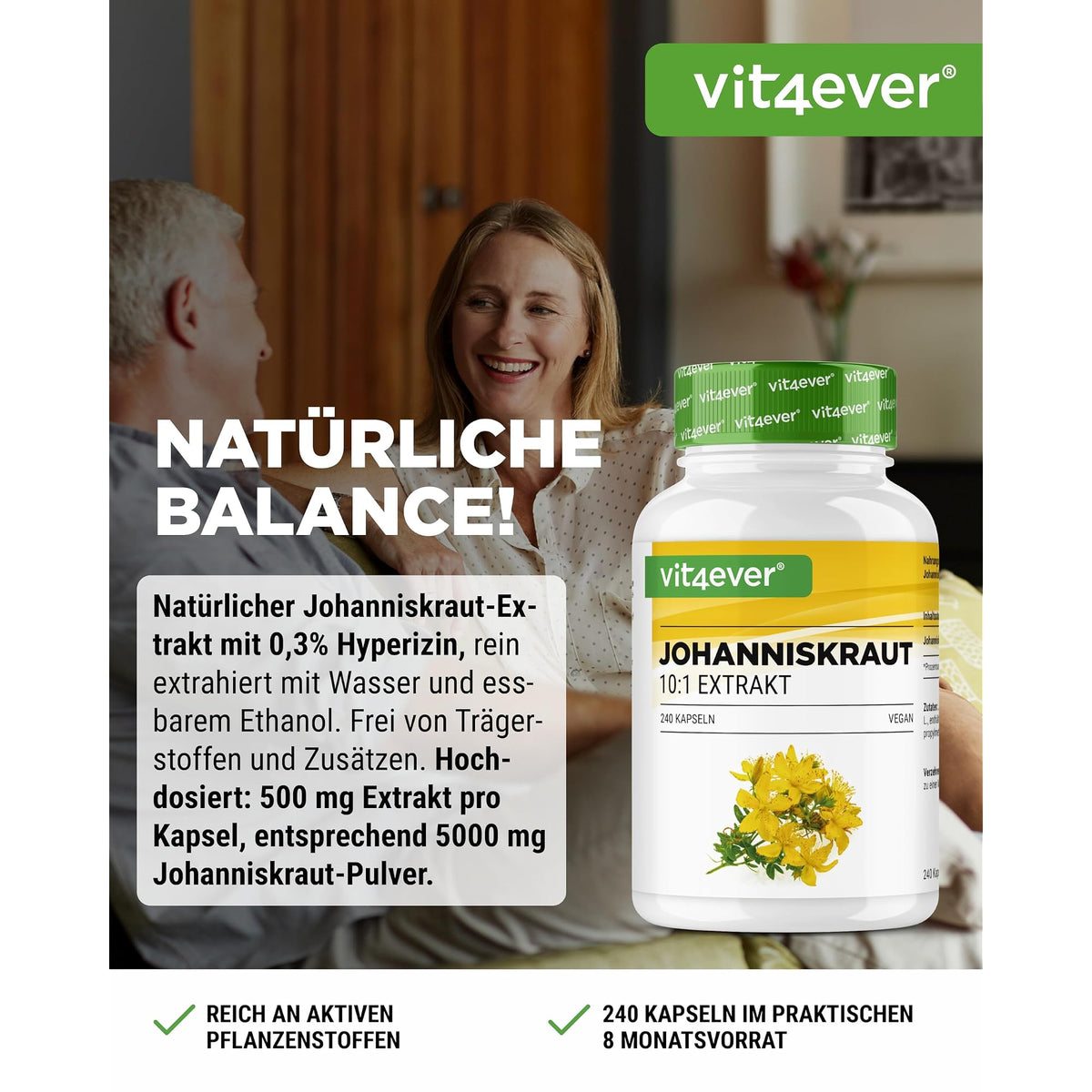 Vit4ever Johanniskraut-Extrakt 500mg 240 Kapseln – Etikett mit Inhaltsstoffen und Dosierung