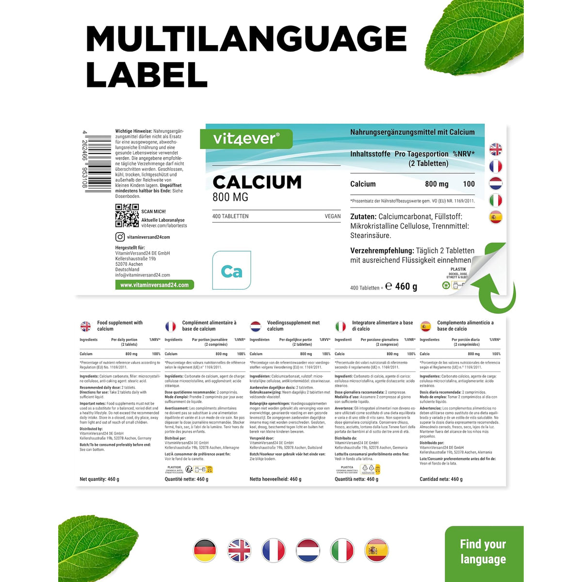 Vit4ever Calcium 800 mg Calciumcarbonat 240 & 365 Tabletten – Verpackung Rückseite