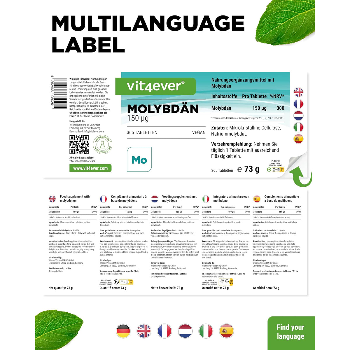Vit4ever Molybdän 150 µg 365 Tabletten – Verpackung Rückseite