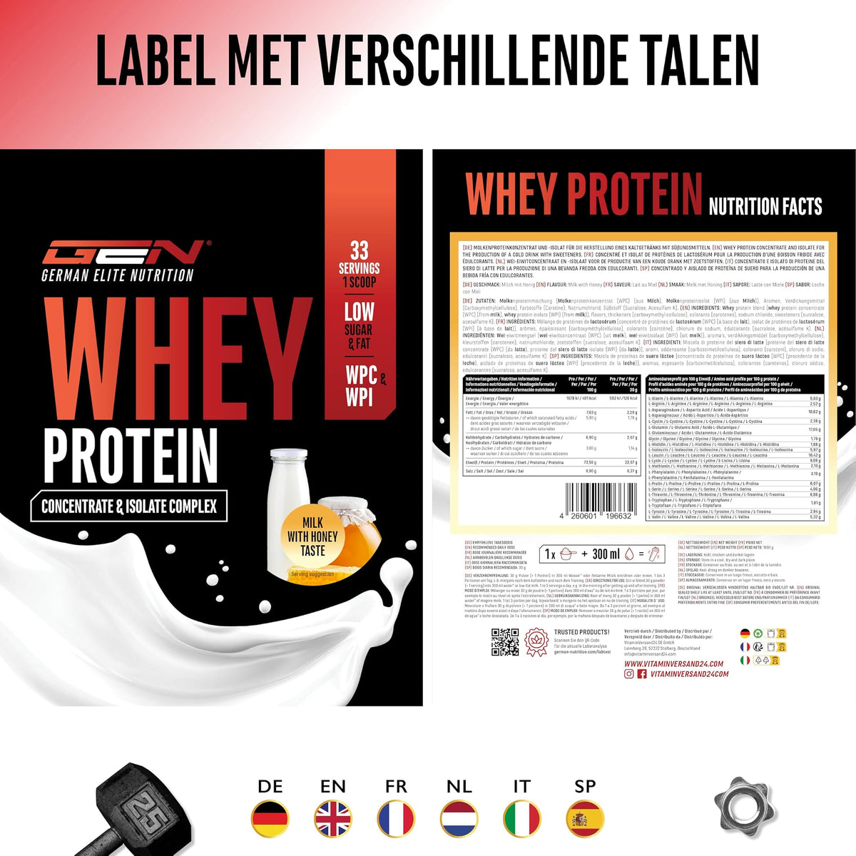 GEN Whey Protein Complex Melk met honing 1 kg - etiket met voedingswaarden in verschillende talen