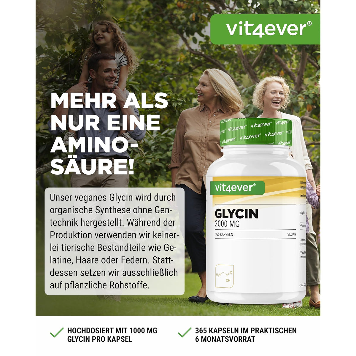 Vit4ever Glycin 2000 mg 365 Kapseln – Etikett mit Inhaltsstoffen und Dosierung