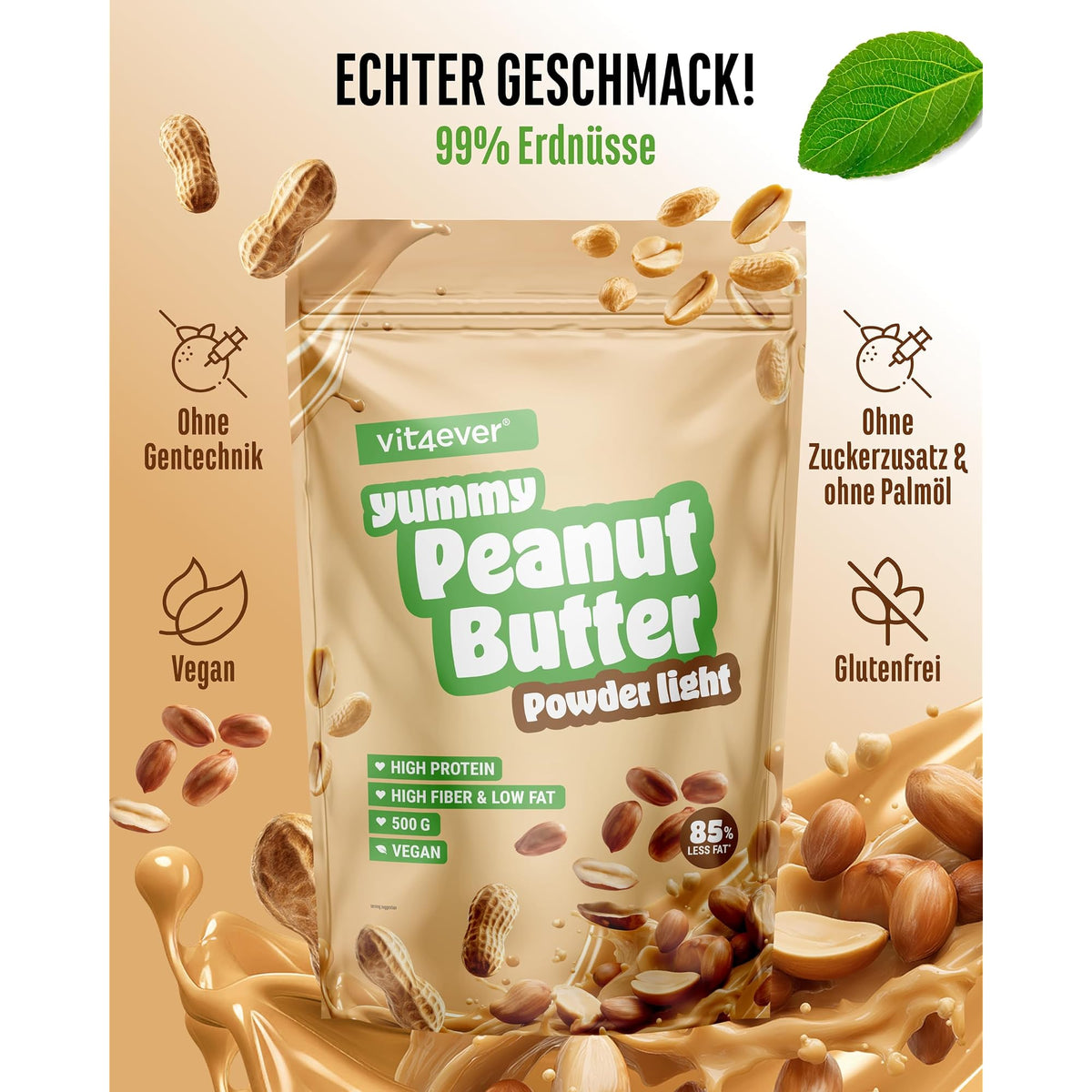 Vit4ever Erdnussbutter-Pulver Light 85% Weniger Fett 500 g – Produkt aus der Nähe