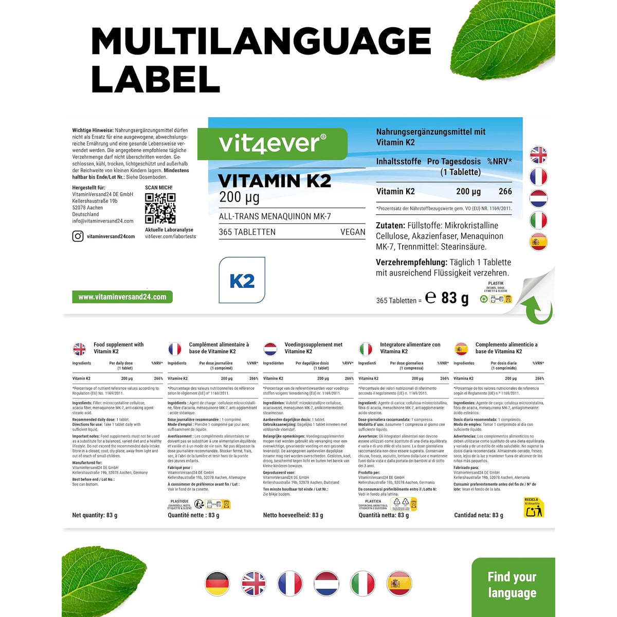 Vit4ever Vitamin K2 MK-7 200 mcg 365 Tabletten – Verpackung Rückseite