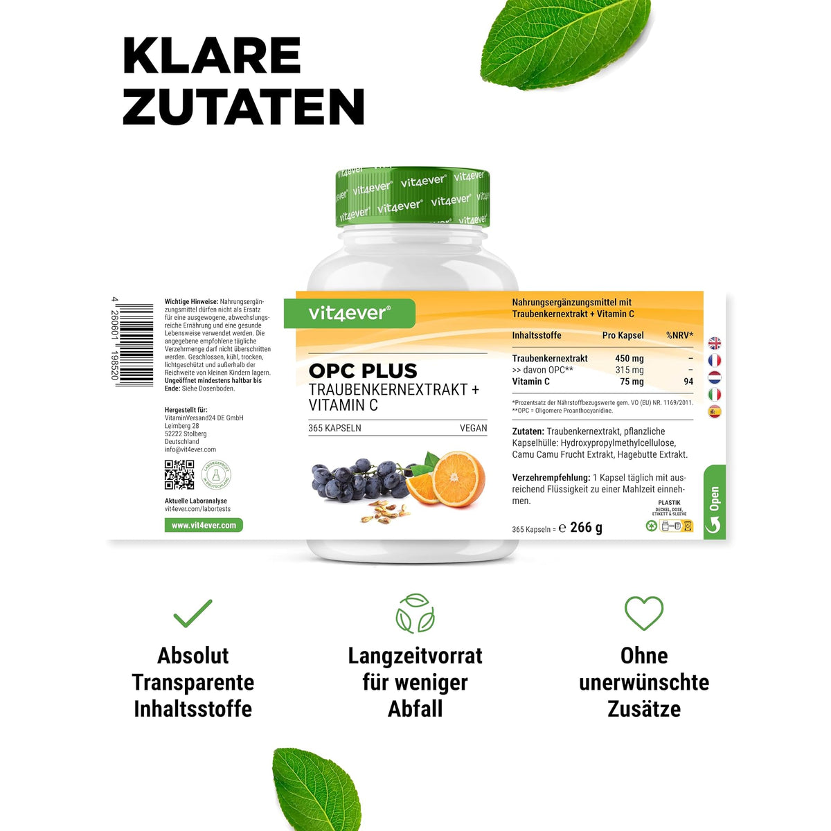 Vit4ever OPC Traubenkernextrakt + Vitamin C 240 & 365 Kapseln – empfohlene Anwendung und Einnahme