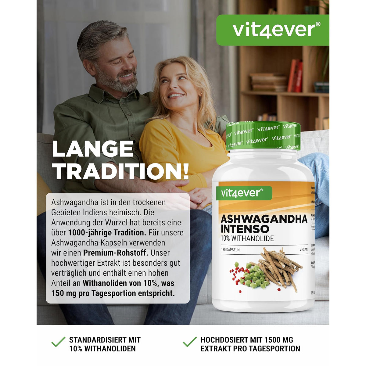 Vit4ever Ashwagandha-Extrakt 1500mg – 10% Withanolide 180 Kapseln – Etikett mit Inhaltsstoffen und Dosierung