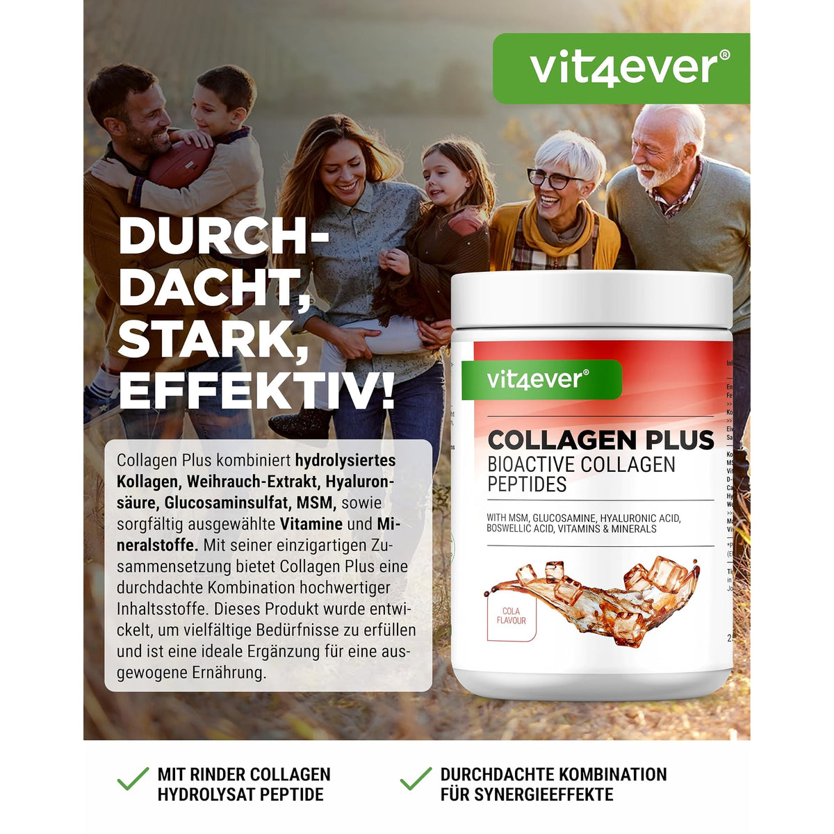 Vit4ever Collagen Plus Cola 500 g – Etikett mit Inhaltsstoffen und Dosierung
