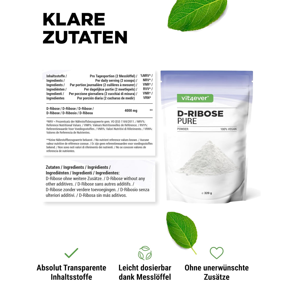 Vit4ever D-Ribose Pulver 320 g – Verpackung Rückseite