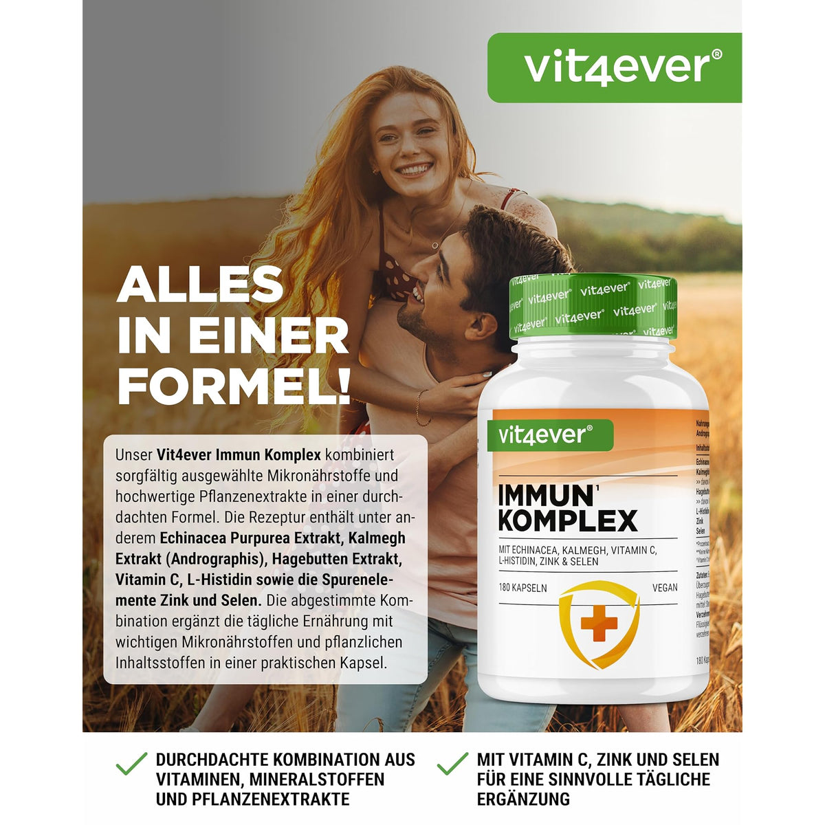 Vit4ever Immun Komplex 180 Kapseln – Etikett mit Inhaltsstoffen und Dosierung