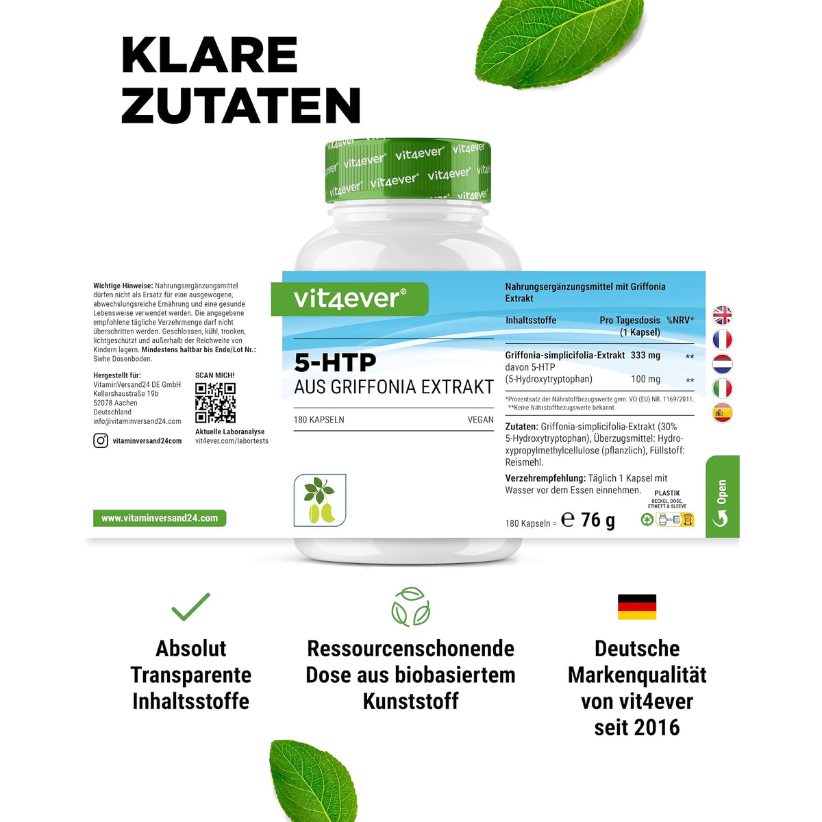 Vit4ever 5-HTP 100mg Griffonia-Extrakt 180 Kapseln – empfohlene Anwendung und Einnahme