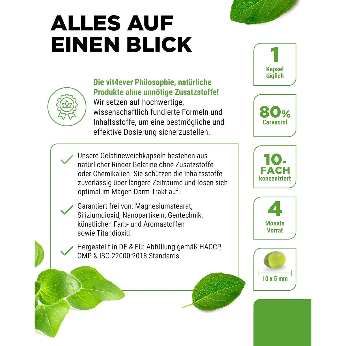 Vit4ever Oregano Öl 150 mg 80% Carvacrol 120 Kapseln – Produkt aus der Nähe