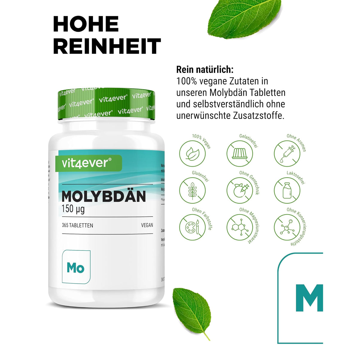 Vit4ever Molybdän 150 µg 365 Tabletten – Nährwerte und Zutaten auf der Verpackung