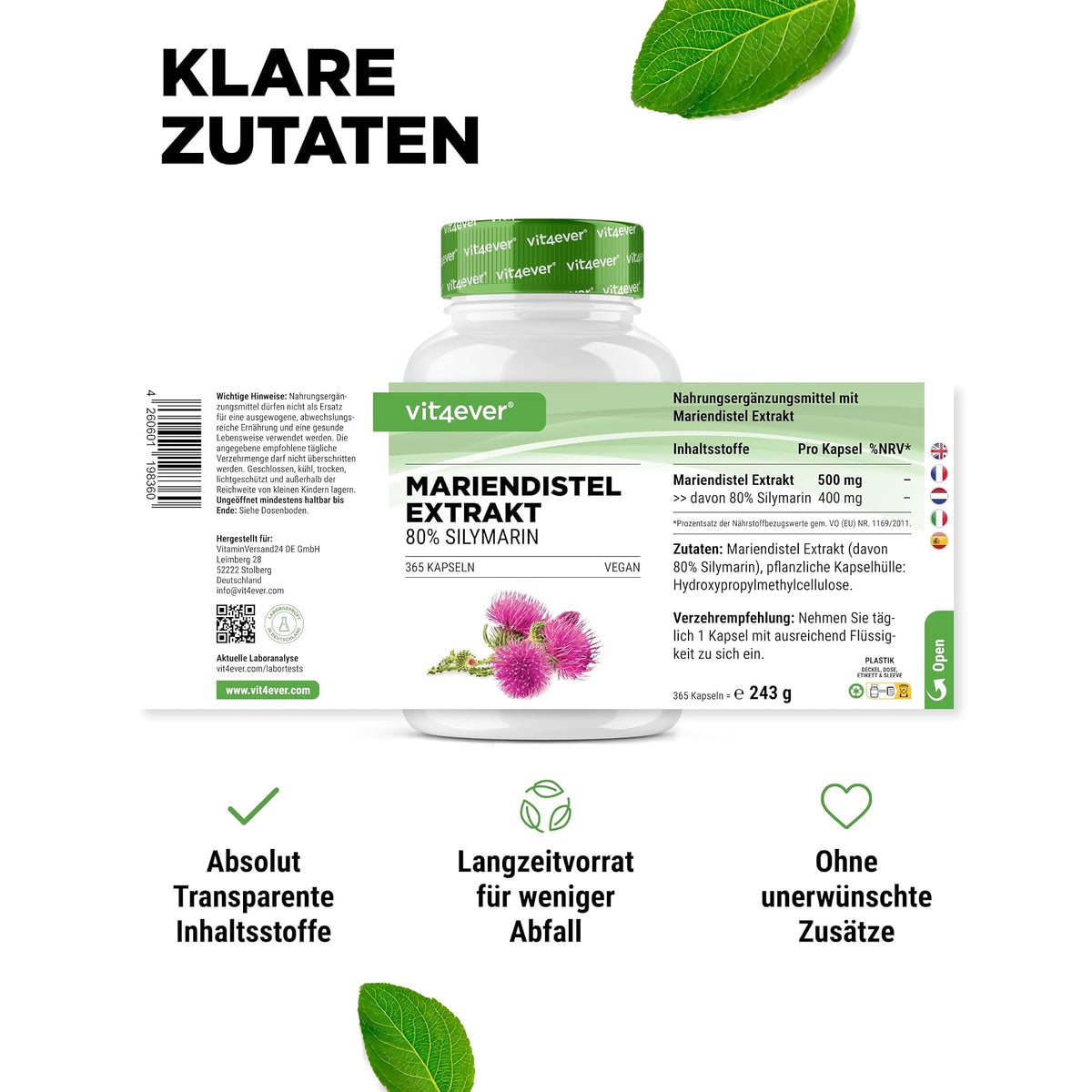 Vit4ever Mariendistelextrakt (80% Silymarin) 500mg 180 & 365 Kapseln – empfohlene Anwendung und Einnahme