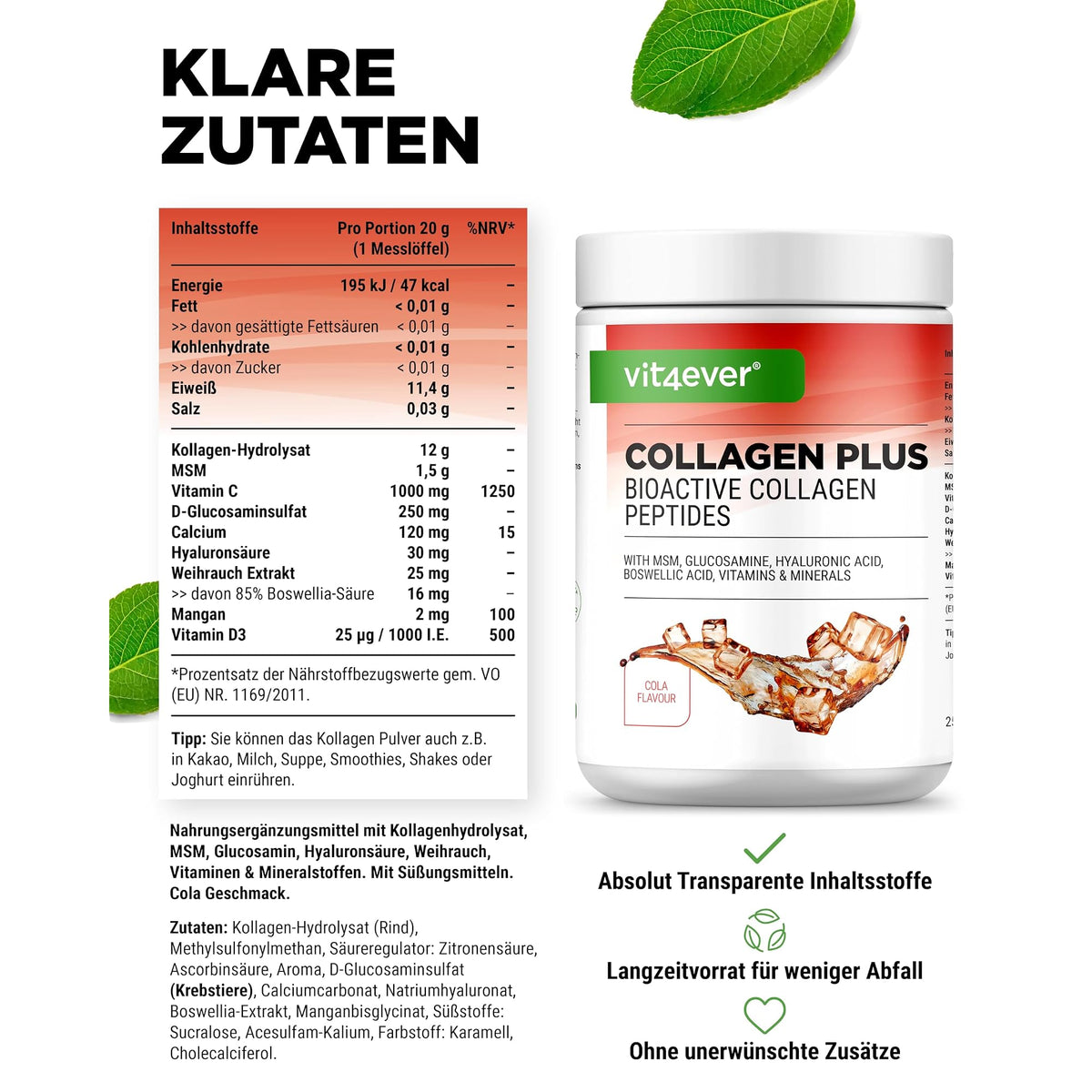 Vit4ever Collagen Plus Cola 500 g – Verpackung Rückseite