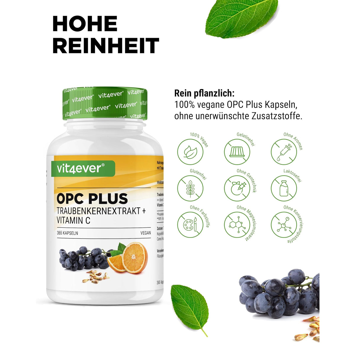 Vit4ever OPC Traubenkernextrakt + Vitamin C 240 & 365 Kapseln – Nährwerte und Zutaten auf der Verpackung