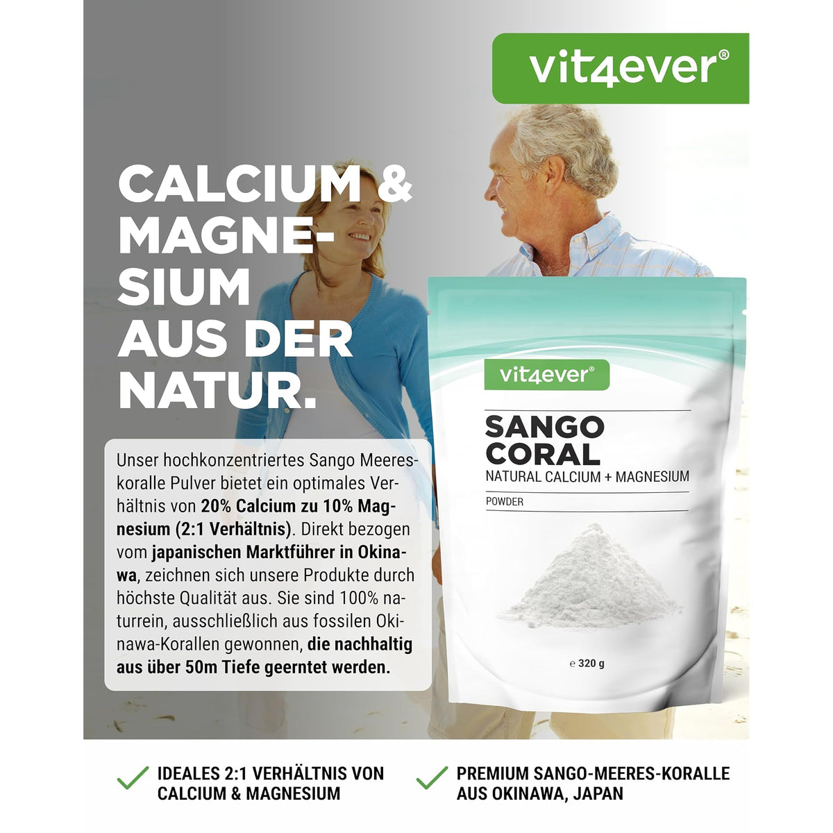 Vit4ever Sango Meereskoralle Pulver 2000mg 320g – Etikett mit Inhaltsstoffen und Dosierung
