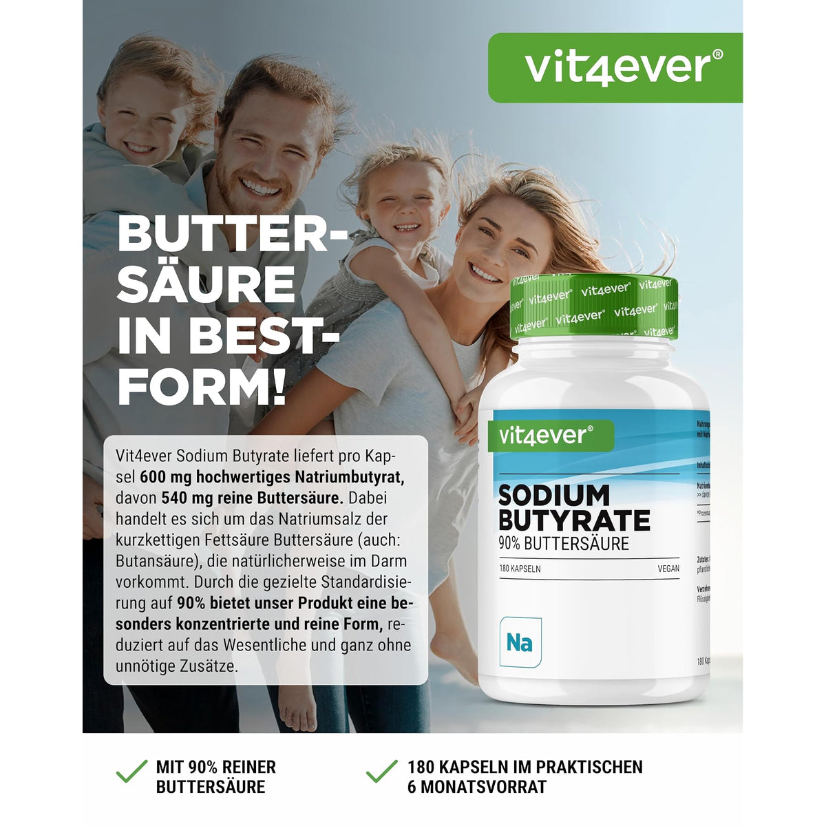 Vit4ever Natriumbutyrat (Buttersäure) 90% 180 Kapseln – Etikett mit Inhaltsstoffen und Dosierung