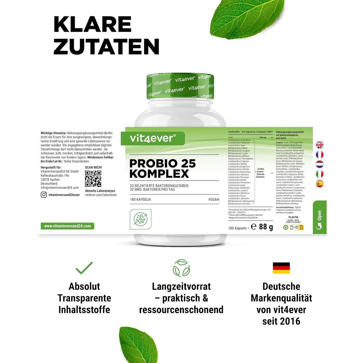 Vit4ever Probiotika Komplex (Probio 25) 25 Bakterienstämme + Bio-Inulin 180 Kapseln – Produktdetail des Etiketts