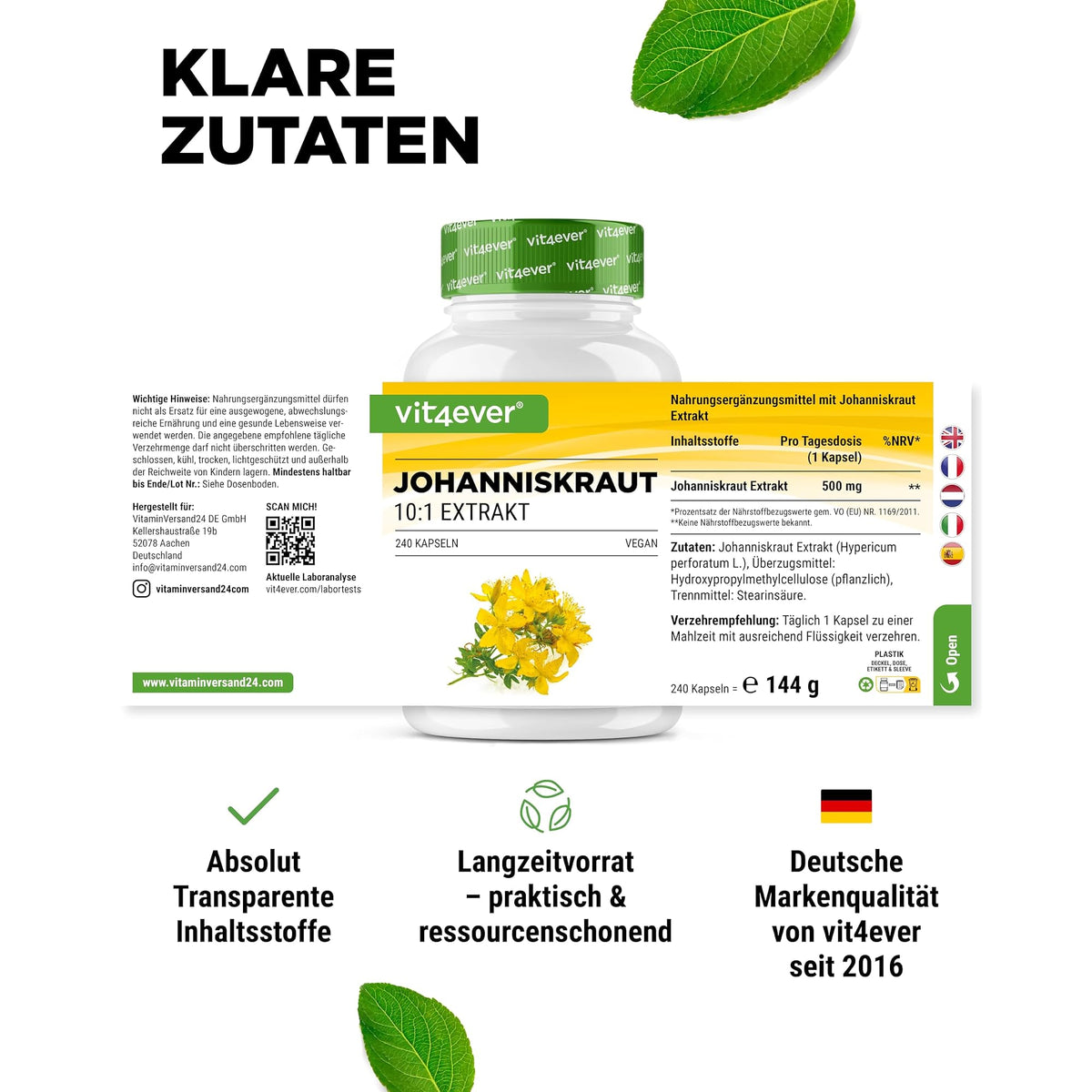 Vit4ever Johanniskraut-Extrakt 500mg 240 Kapseln – empfohlene Anwendung und Einnahme