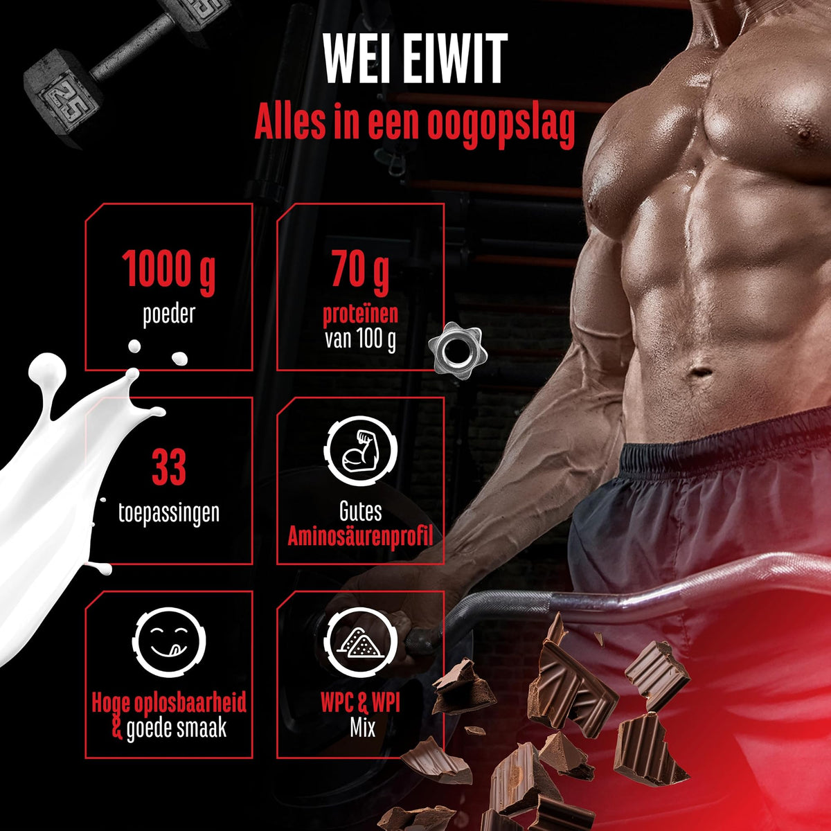 GEN Whey Protein Complex Chocolade 1 kg - alles in een oogopslag: 1000 g, 73,5 g eiwit per 100 g, 33 porties