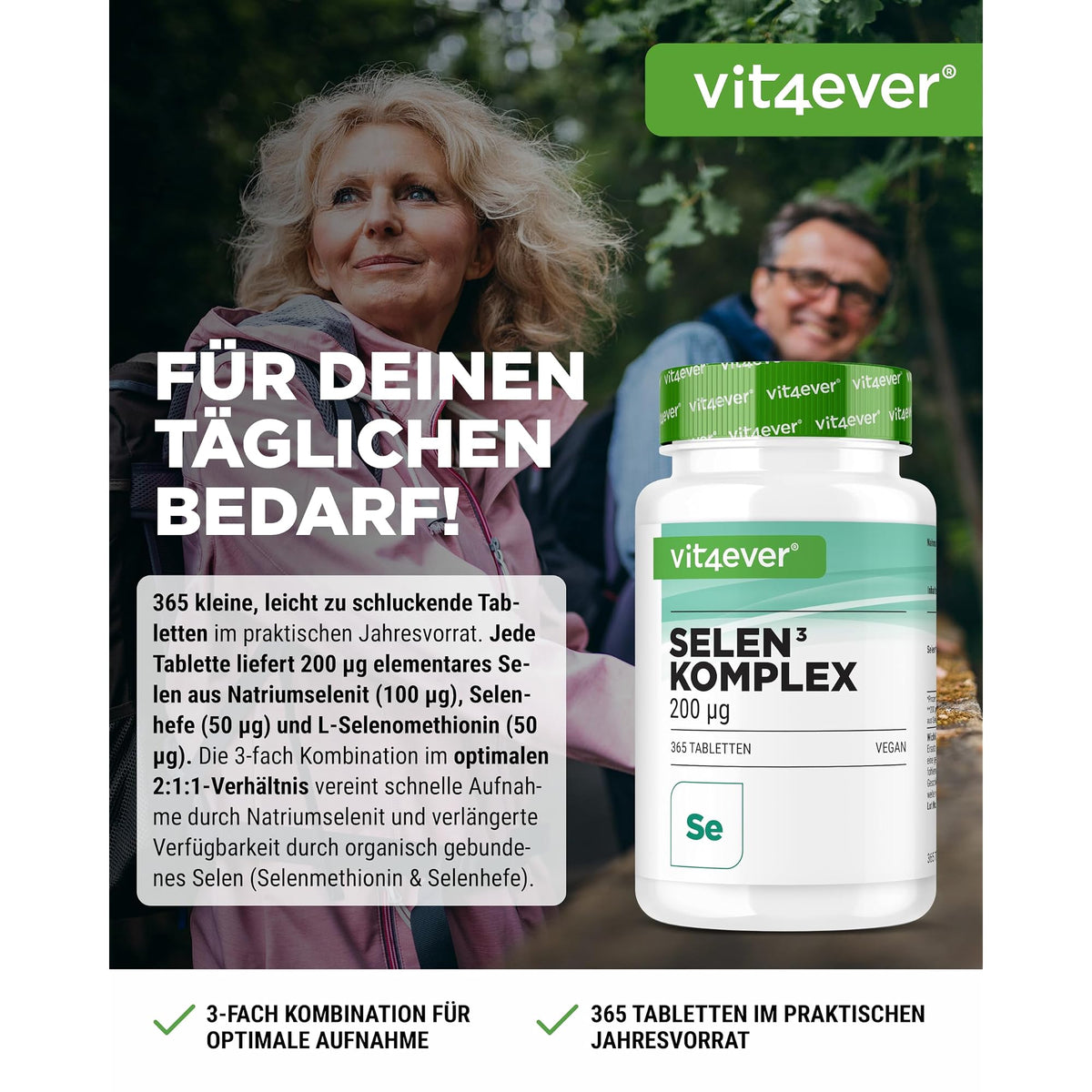 Vit4ever Selen Complex 200µg 365 Tabletten – Etikett mit Inhaltsstoffen und Dosierung