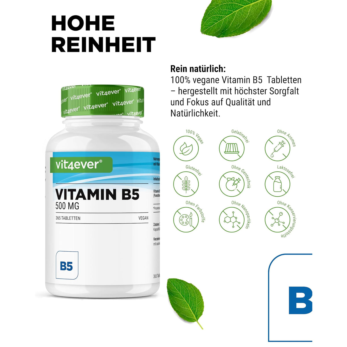 Vit4ever Vitamin B5 (Pantothensäure) 500 mg 365 Tabletten – Nährwerte und Zutaten auf der Verpackung