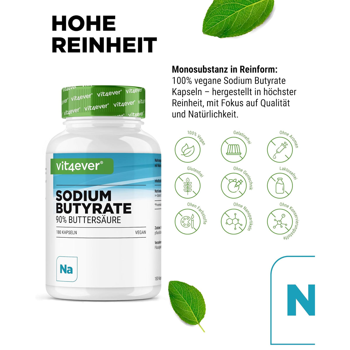 Vit4ever Natriumbutyrat (Buttersäure) 90% 180 Kapseln – Nährwerte und Zutaten auf der Verpackung