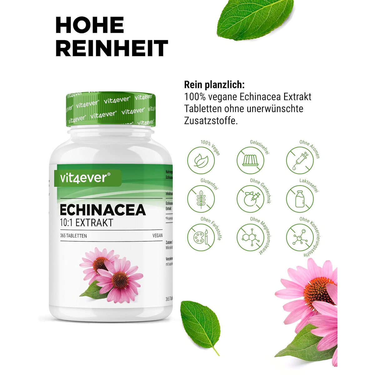 Vit4ever Echinacea Purpurea 500 mg 365 Tabletten – Nährwerte und Zutaten auf der Verpackung