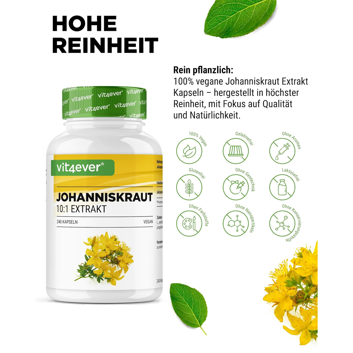 Vit4ever Johanniskraut-Extrakt 500mg 240 Kapseln – Nährwerte und Zutaten auf der Verpackung