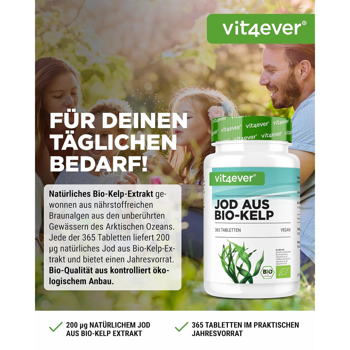 Vit4ever Jod aus Bio Kelp 200 µg 365 Tabletten – Etikett mit Inhaltsstoffen und Dosierung