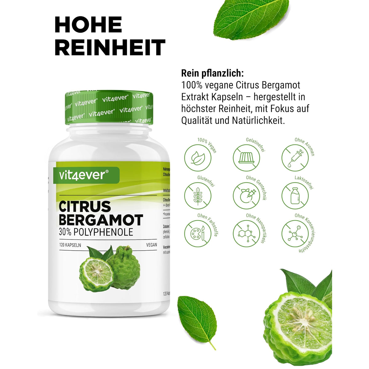 Vit4ever Citrus Bergamot 750 mg 30% Polyphenole 120 Kapseln – Nährwerte und Zutaten auf der Verpackung