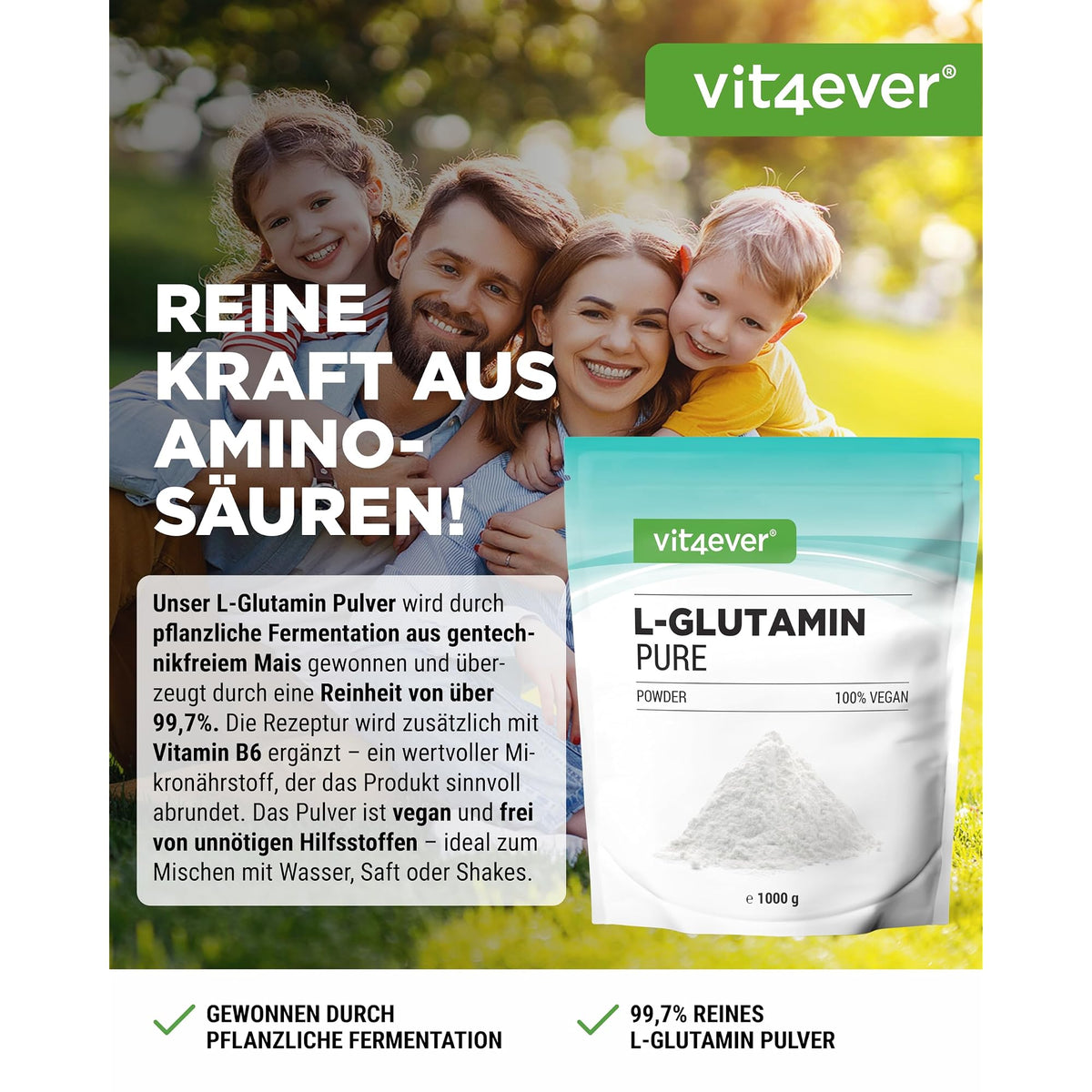 Vit4ever L-Glutamin Pulver 6000mg + B6 1000 Gramm – Etikett mit Inhaltsstoffen und Dosierung