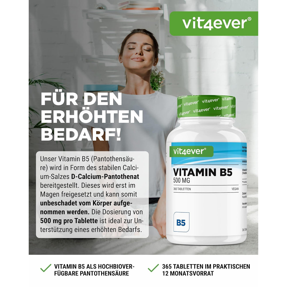Vit4ever Vitamin B5 (Pantothensäure) 500 mg 365 Tabletten – Etikett mit Inhaltsstoffen und Dosierung