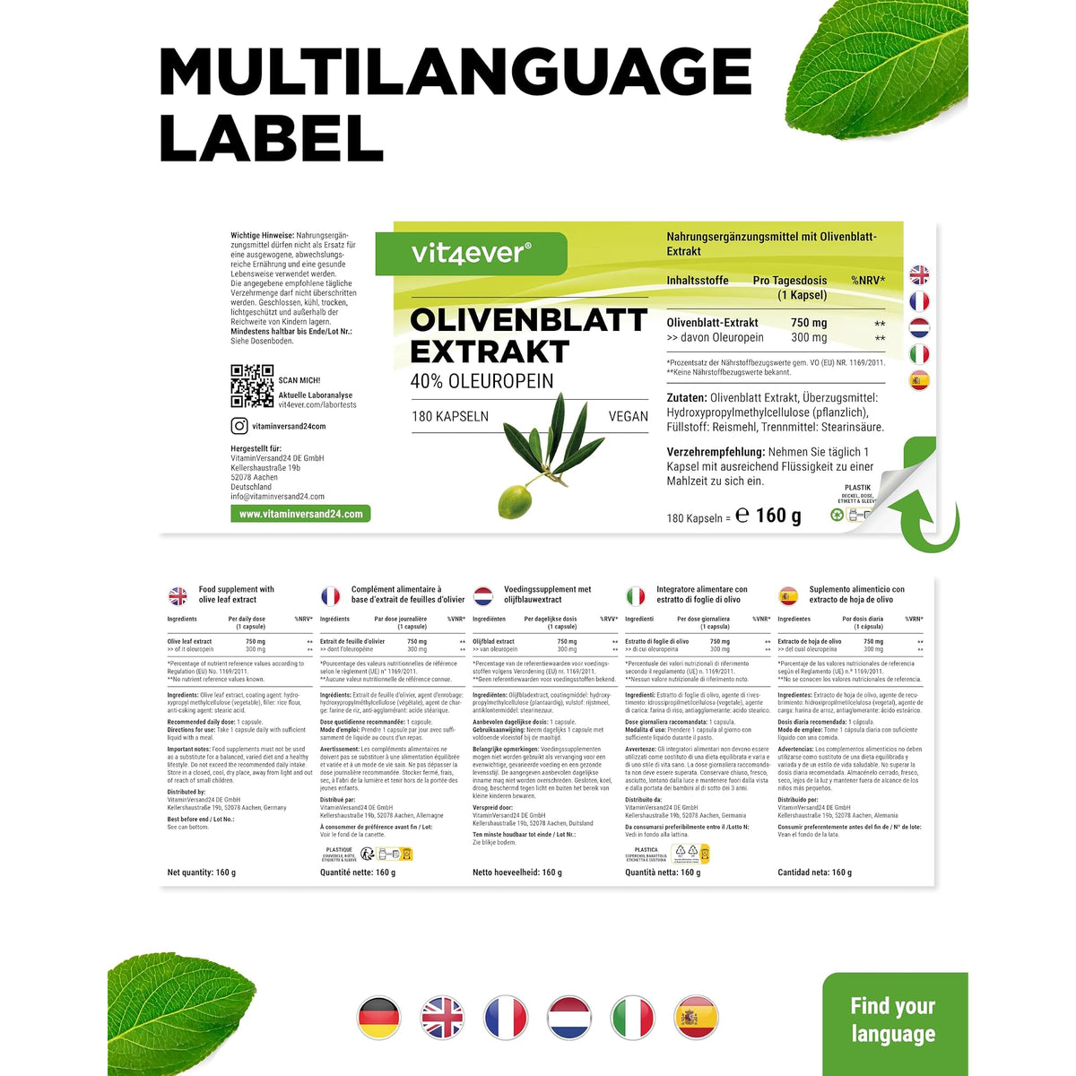 Vit4ever Olivenblattextrakt 650mg (40% Oleuropein) 180 Kapseln – Verpackung Rückseite
