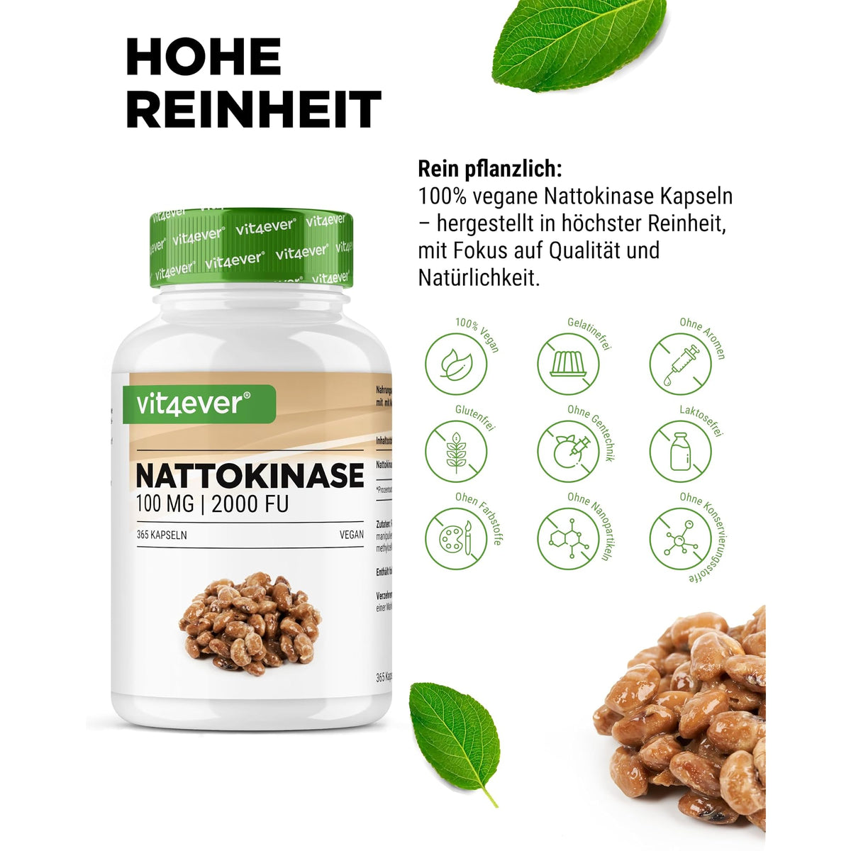 Vit4ever Nattokinase 100mg (2000 FU) 180 / 365 Kapseln – Nährwerte und Zutaten auf der Verpackung