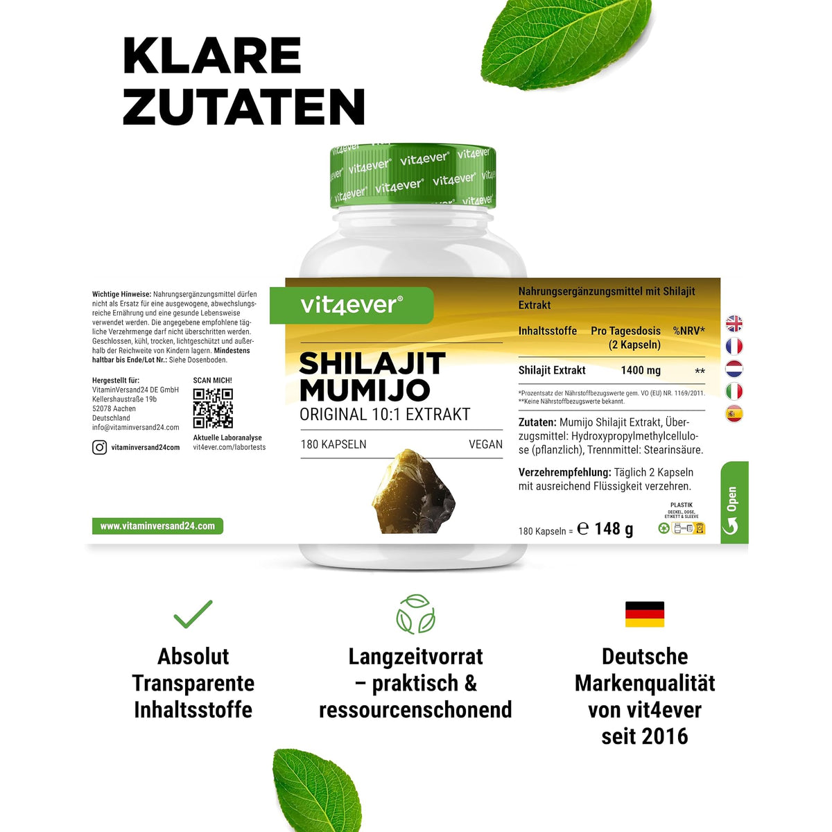 Vit4ever Shilajit Mumijo Extrakt 1500mg 180 Kapseln – Verpackung Rückseite