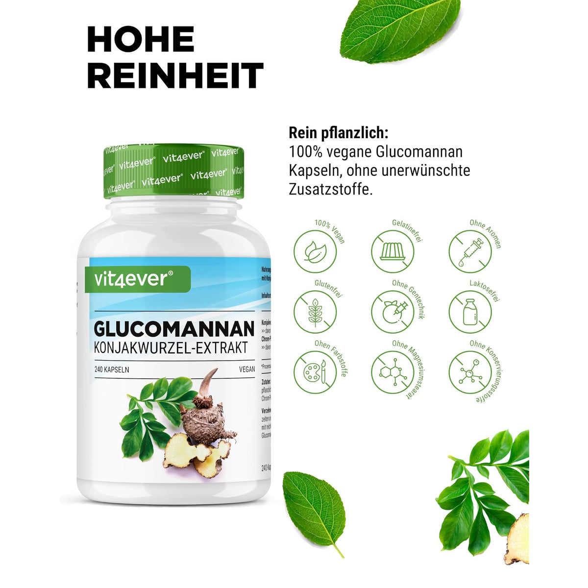 Vit4ever Glucomannan Konjakwurzel + Chrom 180 oder 240 Kapseln – Nährwerte und Zutaten auf der Verpackung