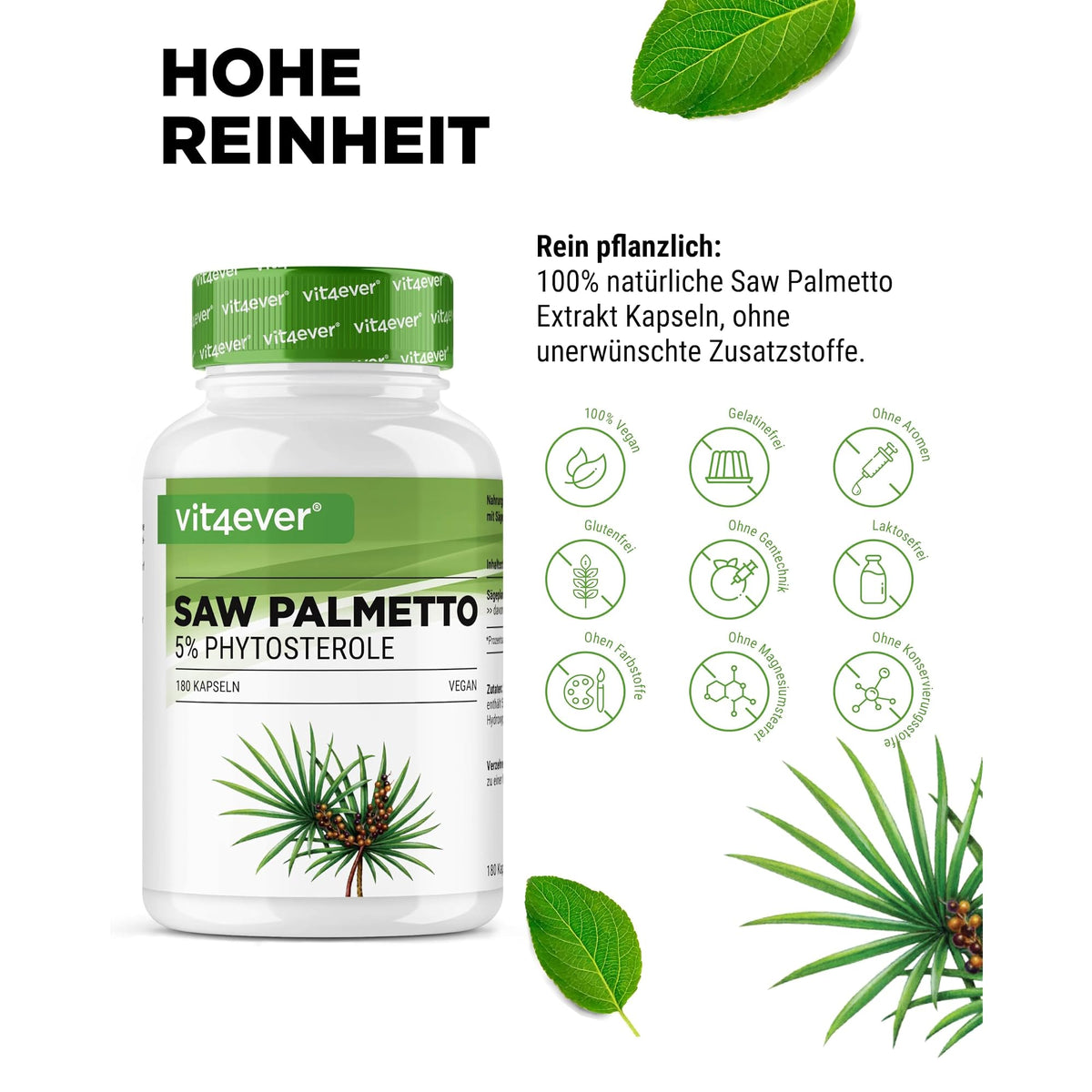 Vit4ever Saw Palmetto Extrakt 500mg 180 Kapseln – Nährwerte und Zutaten auf der Verpackung