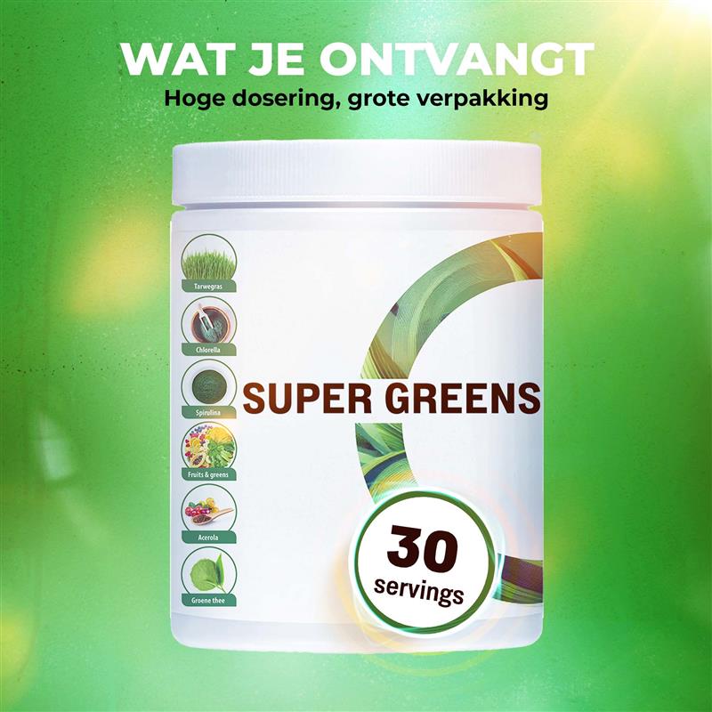 Pure ingrediënten Super Greens LUTO Supplements - spirulina, chlorella, gerstegras en 24 andere superfoods