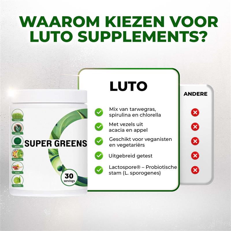 Premium kwaliteit LUTO Super Greens superfood poeder - vegan, glutenvrij, non-GMO en zonder kunstmatige kleurstoffen