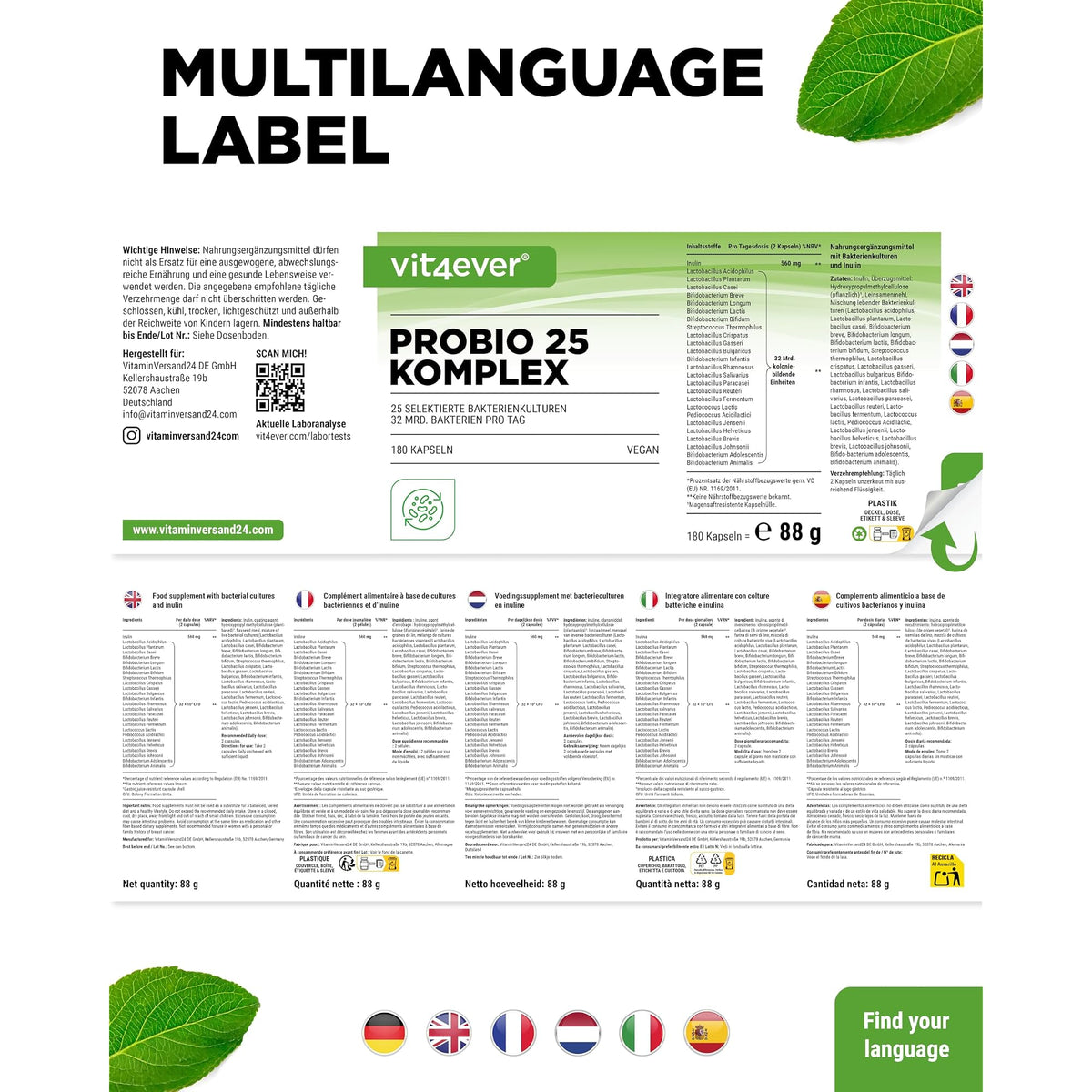 Vit4ever Probiotika Komplex (Probio 25) 25 Bakterienstämme + Bio-Inulin 180 Kapseln – mehrsprachiges Etikett