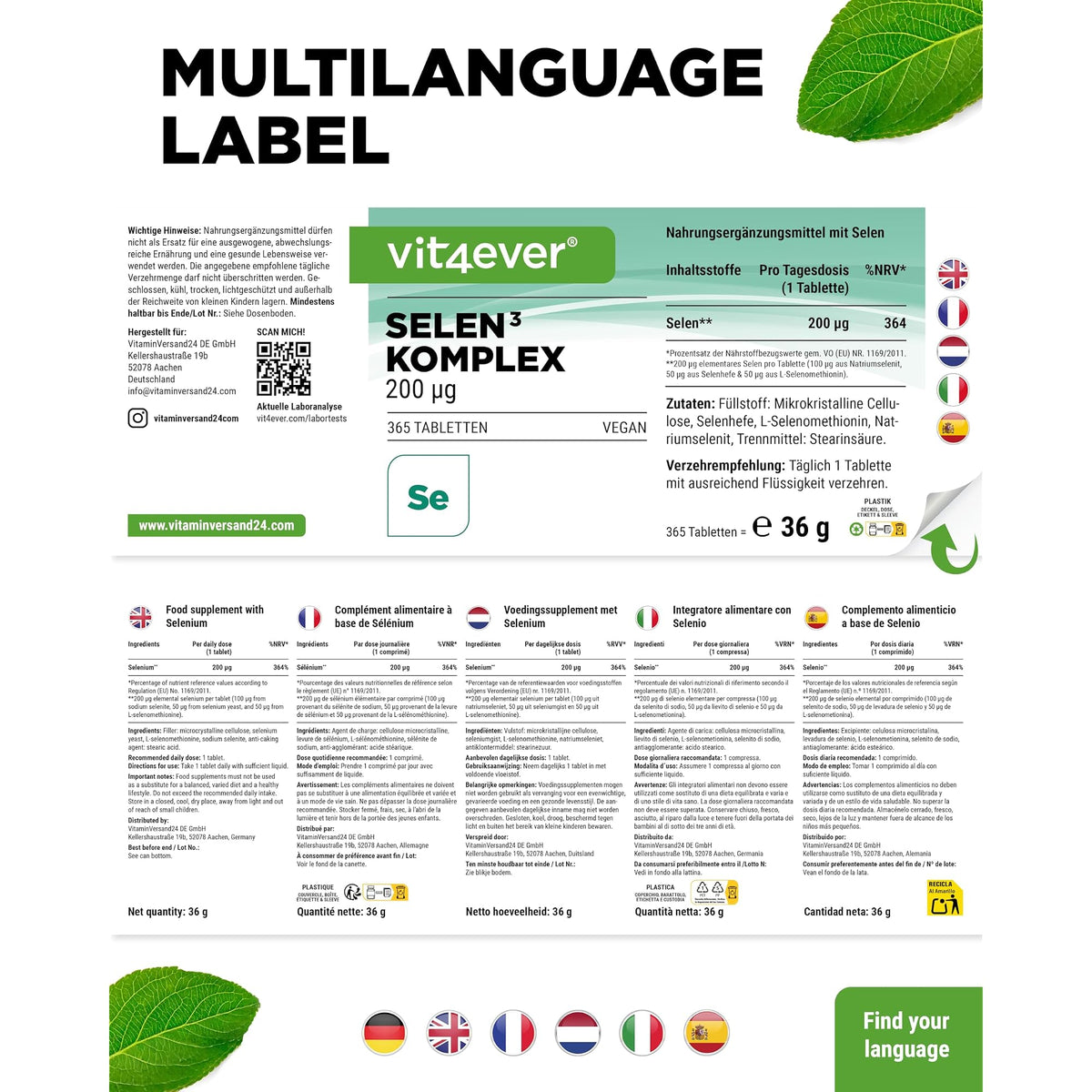 Vit4ever Selen Complex 200µg 365 Tabletten – Verpackung Rückseite