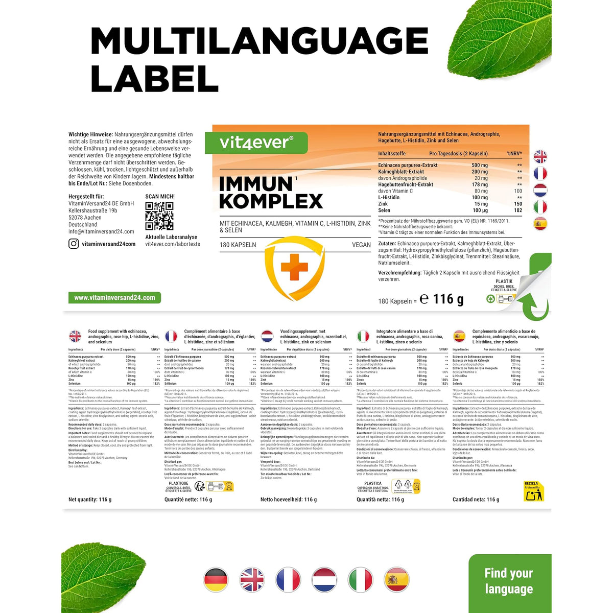 Vit4ever Immun Komplex 180 Kapseln – Produktdetail des Etiketts