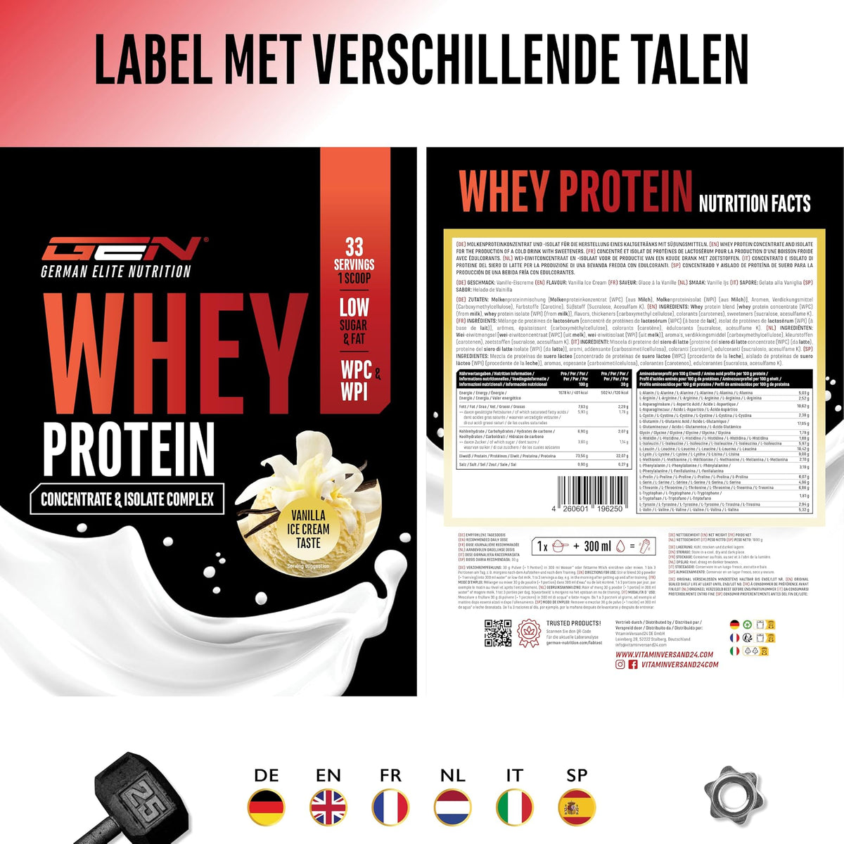 GEN Whey Protein Complex Vanille-ijs 1 kg - etiket met voedingswaarden in verschillende talen