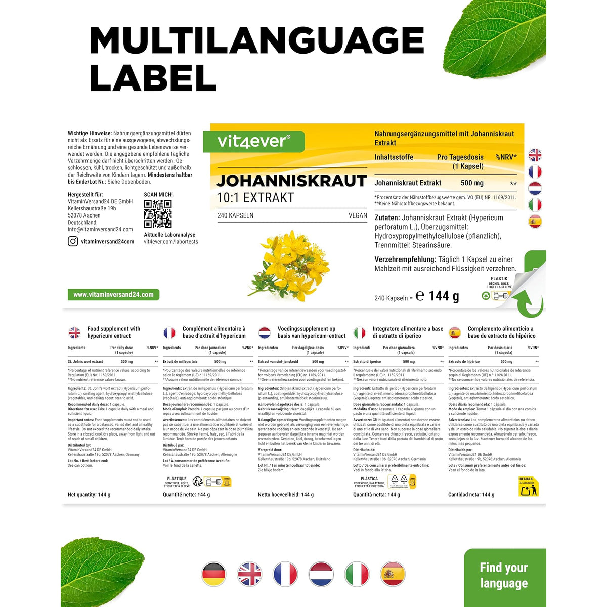 Vit4ever Johanniskraut-Extrakt 500mg 240 Kapseln – Verpackung Rückseite