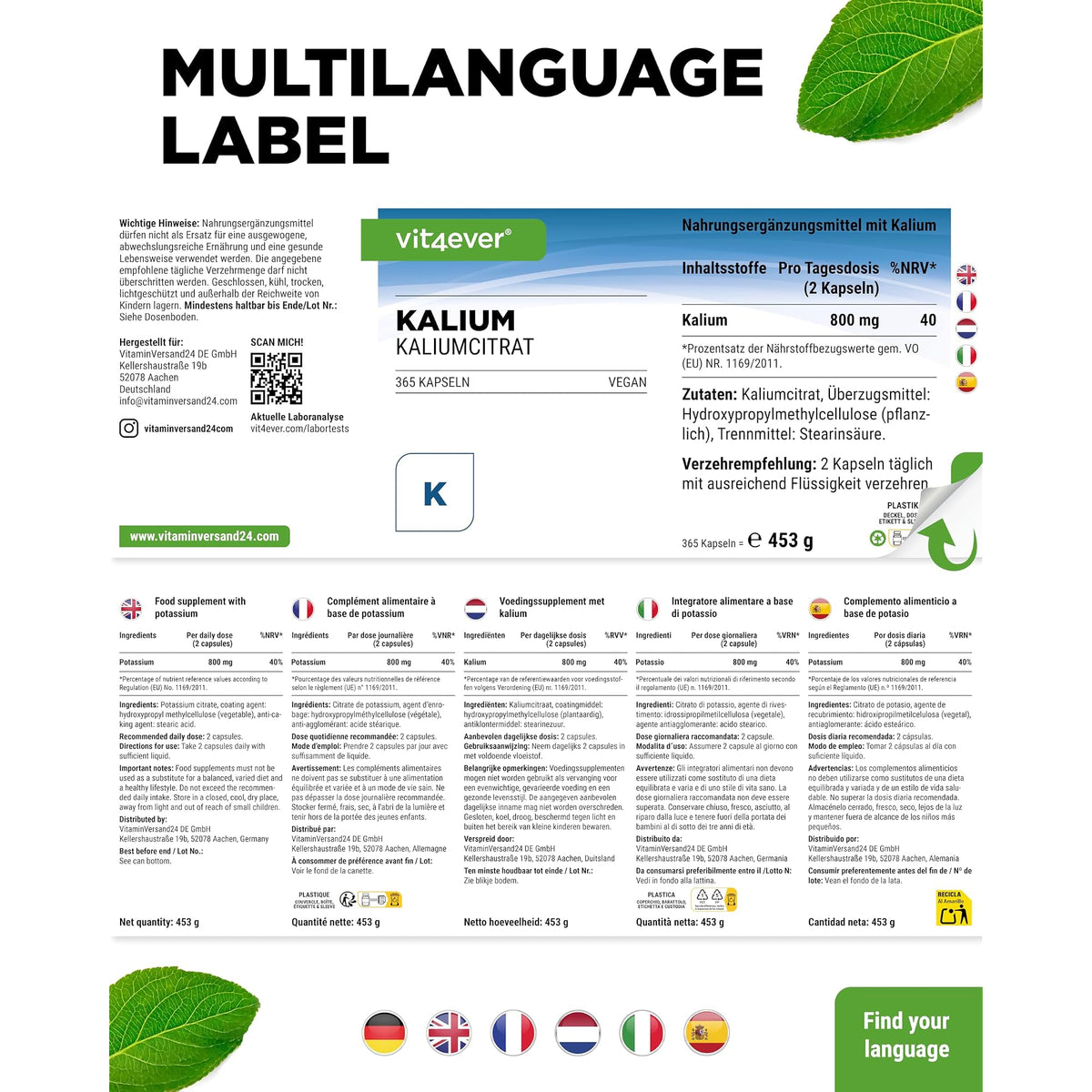 Vit4ever Kaliumcitrat 800 mg 365 Kapseln – Verpackung Rückseite