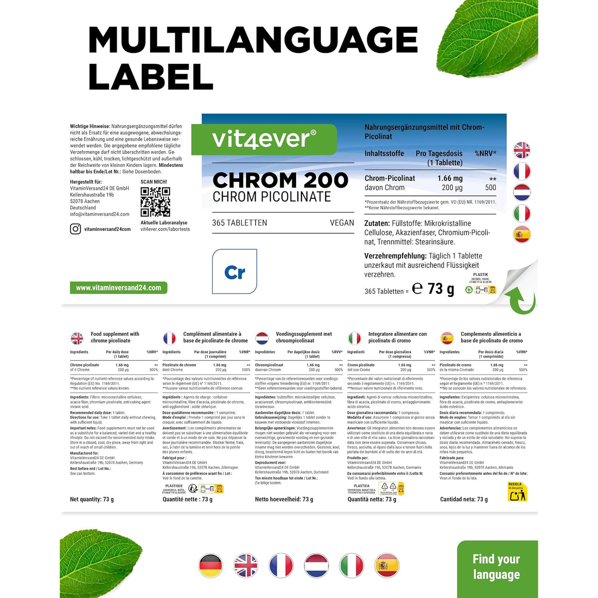 Vit4ever Chrom-Picolinat 200 µg 365 Tabletten – Verpackung Rückseite