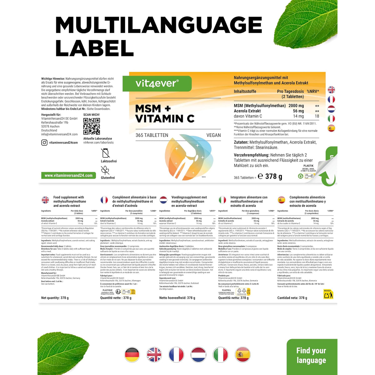 Vit4ever MSM + Vitamin C 2000 mg 365 Tabletten – Verpackung Rückseite